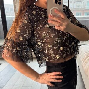 Needle & Thread Beaded Tulle Top – Black Sequin Embellished